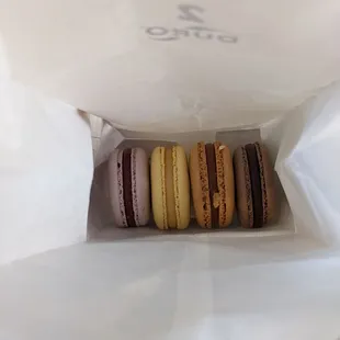 Macarons, left to right: raspberry, lemon, salted caramel, dark chocolate