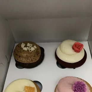 Cupcakes - coffee mocha, red velvet, orange mimosa, and rose