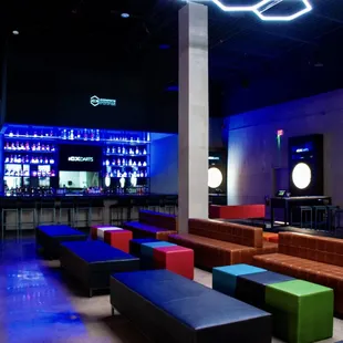 a brightly lit lounge area