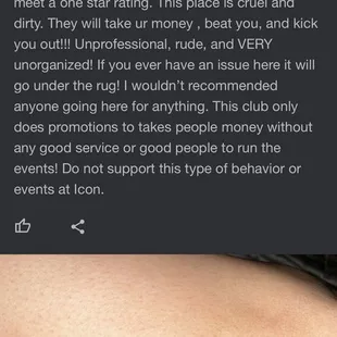 My friends review and another bruise she received from the security guard at the front