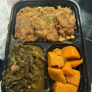 Fried mushrooms, sweet potatoes, greens, Mac and cheese