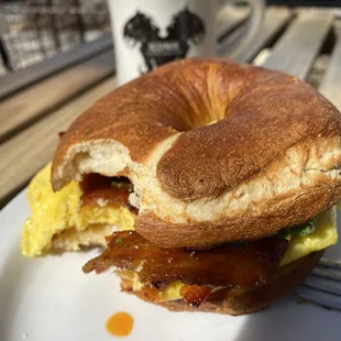 a breakfast sandwich on a plate