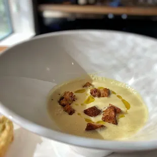 CHILLED YELLOW CORN SOUP with miso croutons