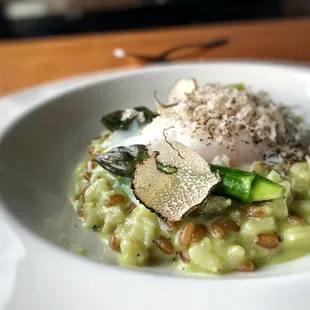 GREEN ASPARAGUS SPELT RISOTTO with poached egg and summer truffle from May L&apos;Asperge Menu