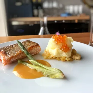 King Salmon Confit with orange braised fennel, mashed potatoes &amp; ikura