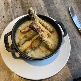 Tempura asparagus and Brie risotto