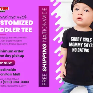 Customize toddler tee and give your baby comfort and style!

Same Day Pickup

No Minumum Order

Free Shipping Nationwide