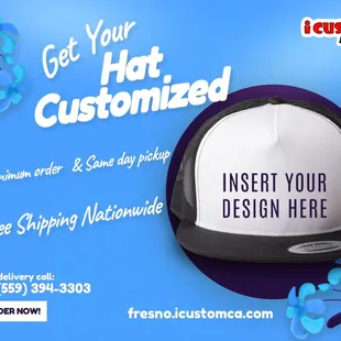 Customize your brand or team logo into your hat from iCustom!
 
Free Shipping Nationwide
No Minimum Order
Sameday Pickup