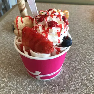 Strawberry rolled up ice cream from icy blast