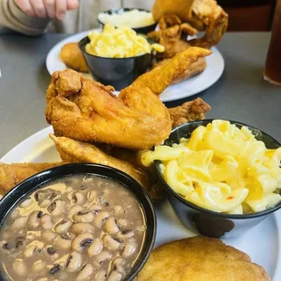 Chicken Wing Entree with Mac and Cheese and Black Eyed Peas