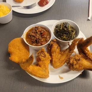 Fried chicken wings, Greens, pinto beans, Hot water cornbread