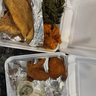 2 piece catfish w/ collard greens, yams and 2 piece chicken wings