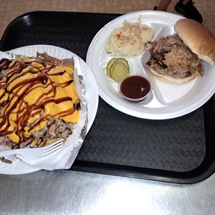 a pulled pork sandwich and fries