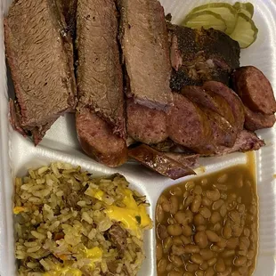 Brisket &amp; Sausage Plate w/ baked beans &amp; dirty rice