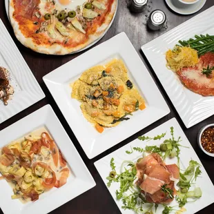 a variety of food items on a table
