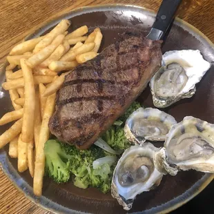 Surf &amp; turf NY strip &amp; steamed oysters. Those are THE BEST fries too!