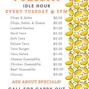 Taco Tuesday Menu available every Tuesday from 5pm-9pm