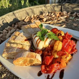 Burrata with blistered tomatoes.