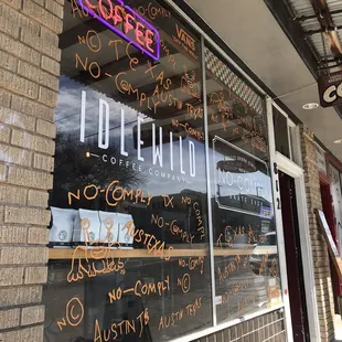 a window with writing on it