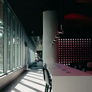 a row of chairs facing a window