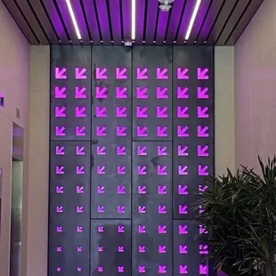 an elevator with purple lights