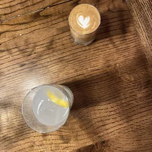Two drinks from ie Italian eatery, a coffee and their homemade lemonade.