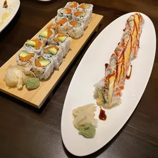 Shaggy dog roll (right), spicy tuna and salmon roll (left)