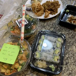 Poke bowl, Avocado role, fried rice, pot stickers.