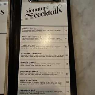 Signature cocktail menu