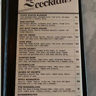 Summer Cocktail menu
