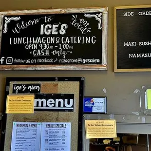 Credit Card payments taken, but mininum is $20.00. Drink menu, &amp; sauces menu as listed on the wall.