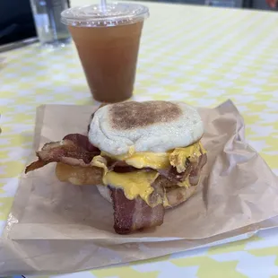 Bacon egg and cheese on an English muffin