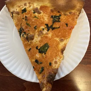 a slice of pizza on a paper plate