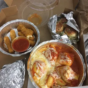 Stuffed shells, garlic knots, mozzarella sticks