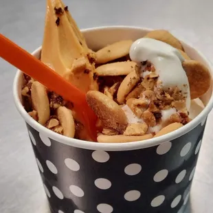Mmmm! Pumpkin Nut Swirl Treat!! 
Pumpkin and Vanilla froyo with crushed Almonds and Nila Wafers!
Open Sun-Thurs 2pm-9pm and Fri-Sat 2pm-10pm