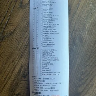 Food menu (back of page).