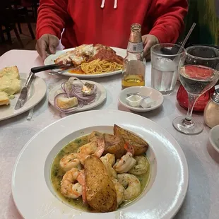 Shrimp Vesuvio and Chicken Parm with Cheese bread.