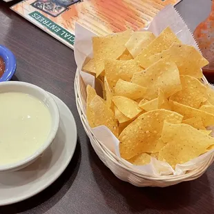Chips, salsa, and medium queso.  Salsa is complimentary, queso is obviously not.