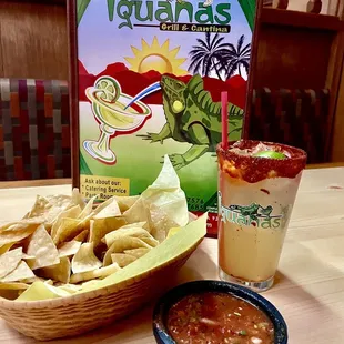 Margarita with Tahine. Fire roasted salsa &amp; chips