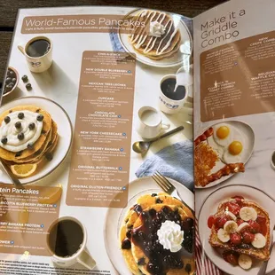 a menu for pancakes and coffee