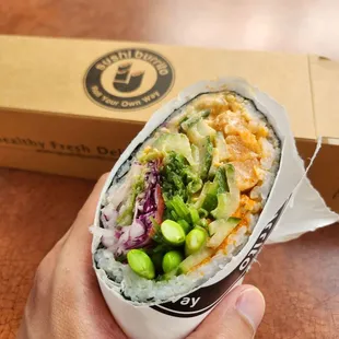 Spicy salmon sushi burrito (with several fixins)