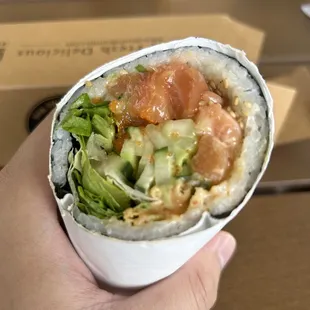 a hand holding a burrito