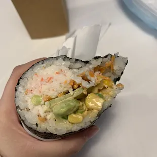 Snow crab with corn, cucumber, spicy mayo, edamame, and carrot