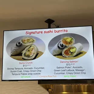 a menu for sushi burrito