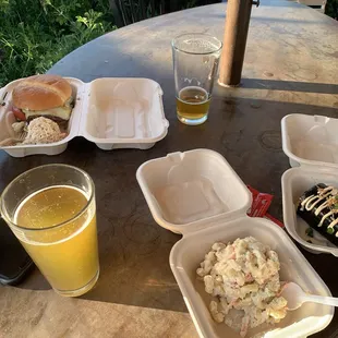 Mac salad, spam masubi, and teriyaki cheese burger