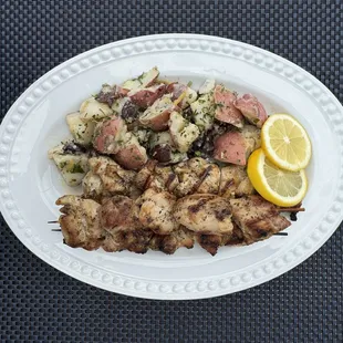 Chicken souvlaki with vegan potato salad