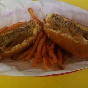 Grilled onion on Ikes Donut cheeseburger