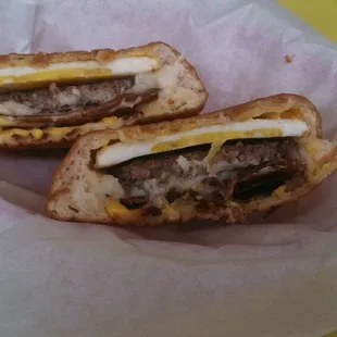 Hurricane sandwich, egg, bacon, sausage, cheese and gravy