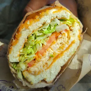 Vegetarian sandwich with fried "chik'n" with orange glaze. Did not get dirty sauce.