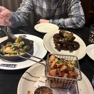 Maple Glazed Brussels Sprouts, Cheese Curds and Smoked Baby Back Ribs